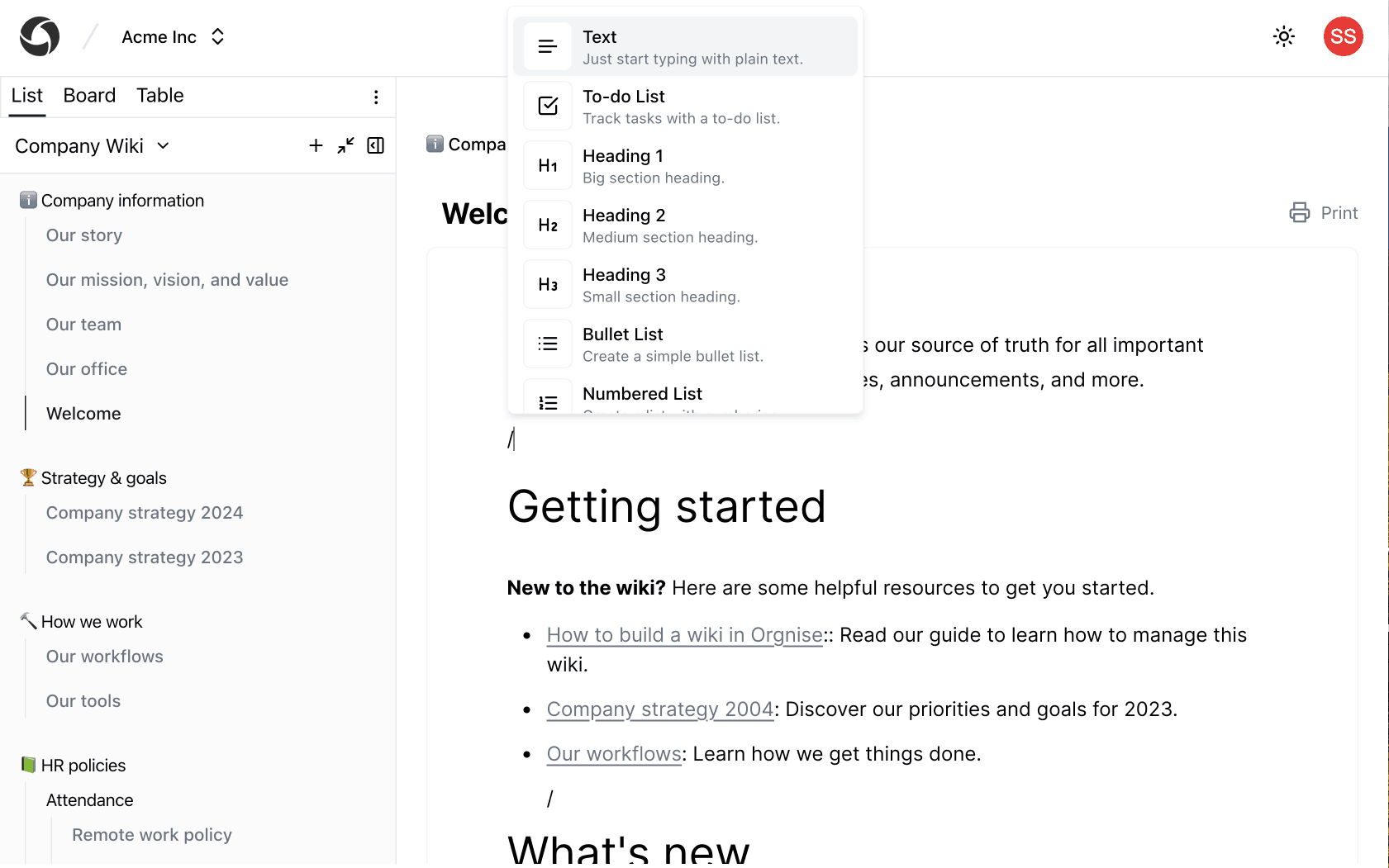 Orgnise rich text editor with formatted document content